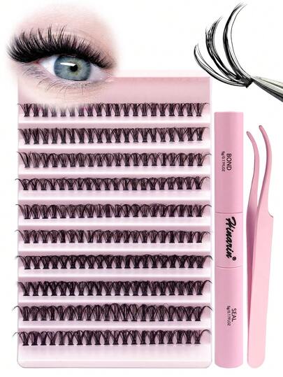 200 Pcs D Curl Fluffy False Eyelash Kit 30D DIY Cat Eye & Doll Style Mixed Lengths 8-16, 0.07mm Thick, With Glue & Tweezers, For Parties & Special Occasions, Alcohol Free Dramatic Eye Enhancement DIY At Home