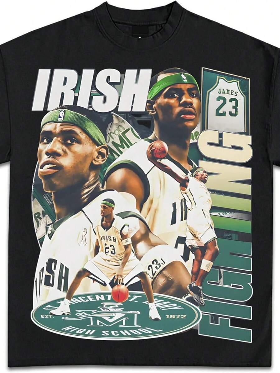 James Highschool Irish Edition Graphic T-Shirts _ Premium Quality Heavyweight Basketball Shirt For A - 黑色 - 查看 1