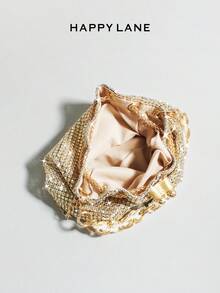 2025 Shiny Sequin & Rhinestone Mini Chain Drawstring Evening Bag, Luxury Sparkling Clutch, Rhinestone & Pearl Handbag, Elegant Chain Shoulder Bag, Suitable For Wedding Bride, Gala, Party, Ideal For Party Girls - Gold - View 8