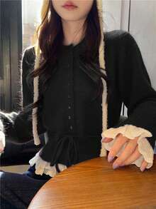Red Knitted Sweater For Women, Korean Design With Ruffle Trim And Tie, Long Sleeve Pullover Top, Autumn/Winter Black - Black - View 2