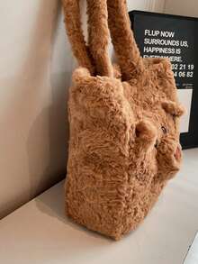 新款可爱毛绒熊手提包，大容量单肩包，女士休闲包 - 卡其色 - 查看 8