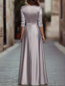 优雅V领长袖A字连衣裙，奢华缎面面料，适合派对、婚礼和通勤等场合，女士秋季新款时尚连衣裙 - 淺灰紫 - 查看 2