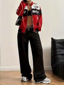 QIANZHIDU Casual Street Fashion Motorcycle Personalized English Letter Small Stand Collar Dropped Shoulder Loose Jacket Outerwear, Spring/Autumn - Multicolor - View 4