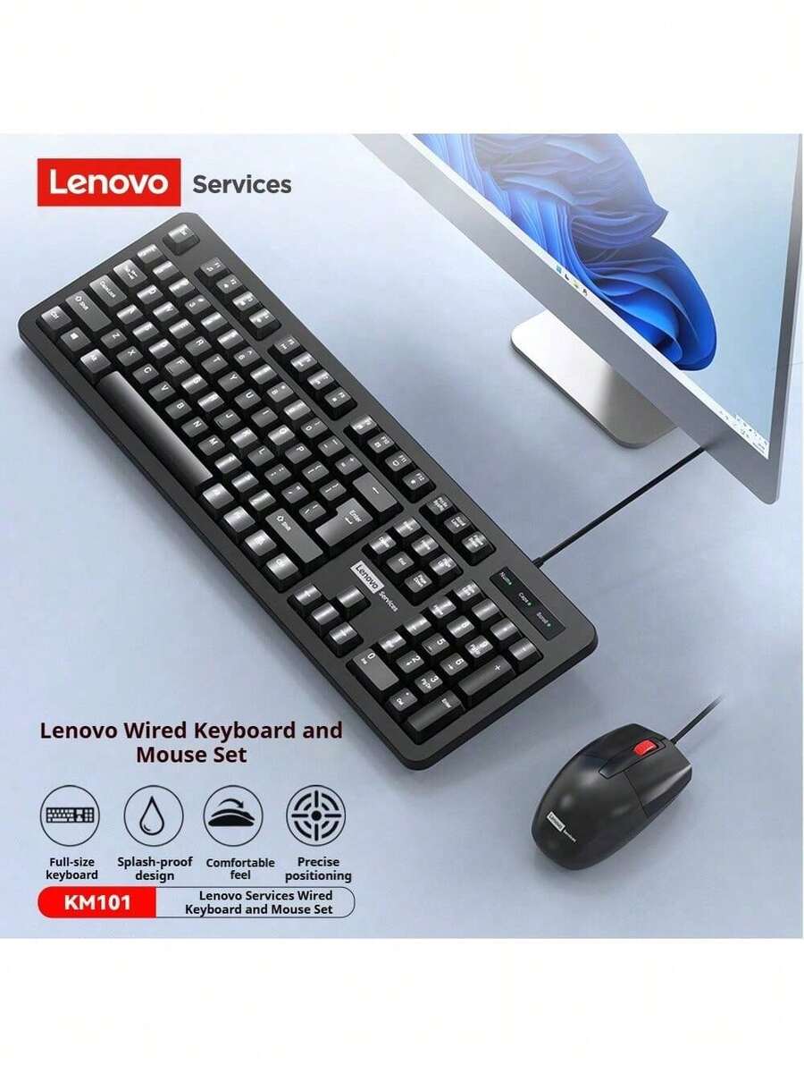 Lenovo KM101 Keyboard And Mouse Combo: Wired Mouse, Ergonomic Flat Keycaps, Silkscreened Characters That Won't Wear Off Over Time, USB Plug And Play, Suitable For Students, Offices, And Home Use. - Black - View 1