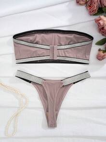 Women's Underwear Set With Metallic Thread Design And Strapless Bandeau & G-String Style - Dusty Pink - View 2