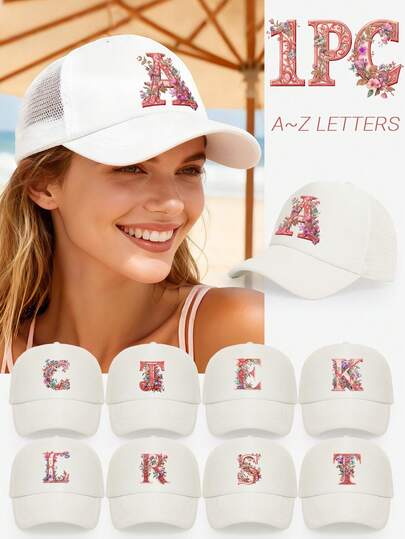 1 pieza Gorra de malla transpirable con sombra de flores y 26 letras para adultos, visera ajustable unisex, adecuada para uso diario, actividades al aire libre, vacaciones, regalos y protección solar en primavera/verano