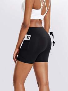 1pc Seamless High Waist Women Sports Shorts, With Side Pockets, Solid Color High Elasticity Compression Cycling Shorts, Suitable For Running, Pilates, Fitness, Yoga, Outdoor Cycling, Casual Wear - Black - View 2