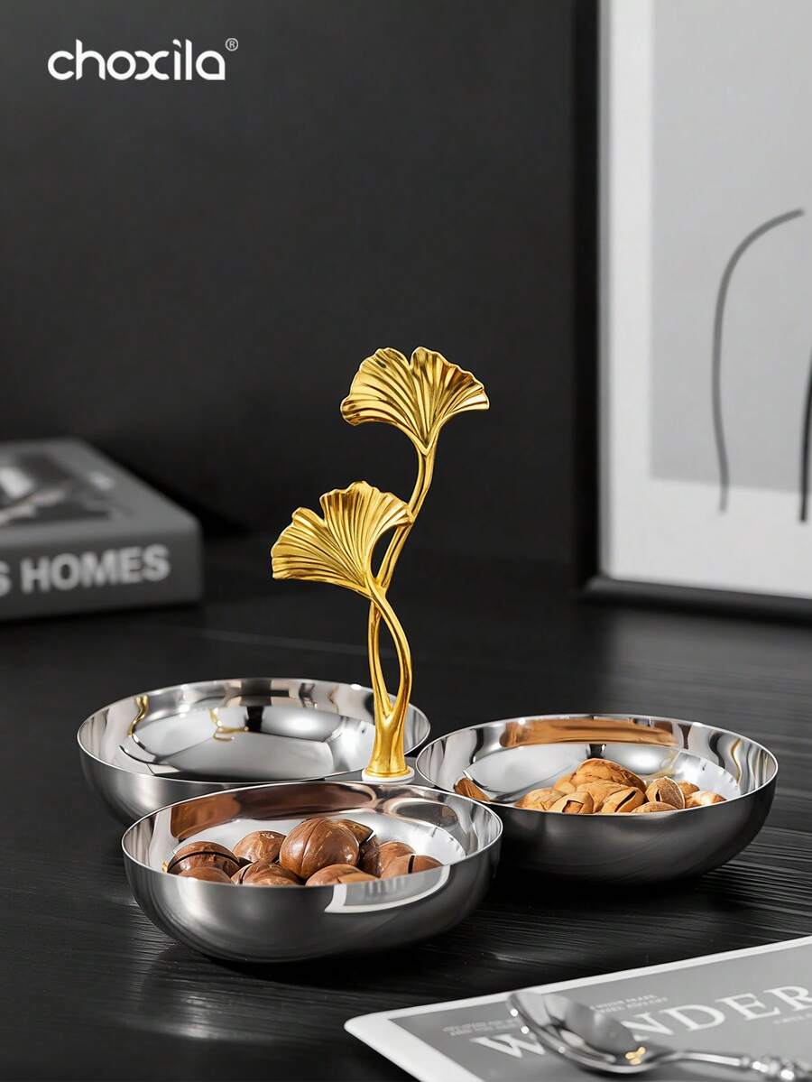 choxila 1 bộ bát ba đầu bằng thép không gỉ, khay tráng miệng có tay cầm hình lá bạch quả, đĩa đựng đồ ăn nhẹ, kẹo, hạt, đĩa tráng miệng trang trí, cốc đựng bánh sô cô la và trái cây, bát trang trí thích hợp cho gia đình, tiệc tùng, đám cưới, Ramadan, Eid Al-Adha.