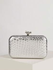 女士晚宴包，银色，时尚精致，高端，女士合成革，编织纹理，晚宴手拿包，优雅蛇纹，女士化妆包，便携钱包，金属链条斜挎包，适合婚礼、晚宴、派对等场合。 - 銀色 - 查看 3