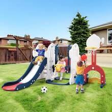 Tobogán y columpio 7 en 1 para niños pequeños de 1 a 3 años, para interior y exterior, con columpio ajustable, aro de baloncesto, fútbol, ​​golf y lanzamiento de aros, color azul. - Azul - Ver 5