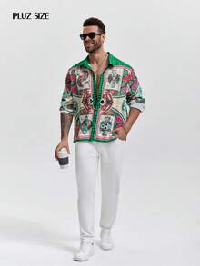 1pc Men's Green Placement Print Casual Shirt, Collared Long Sleeve Single-Breasted Cardigan, Stylish Men's Top Suitable For Vacation, Holiday Parties, Plus Size - Green - View 6