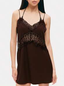 Women Silky Lace Slip Dress Flowy Sleeveless V-Neck Short Tank Dress Backless Ruffle Lace Mini Dress - 摩卡棕 - 查看 2