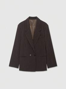 بليزر كاجوال فضفاض مخطط بني مزدوج الصدر بياقة صدر طويلة الأكمام للنساء - بني - مشاهدة 1