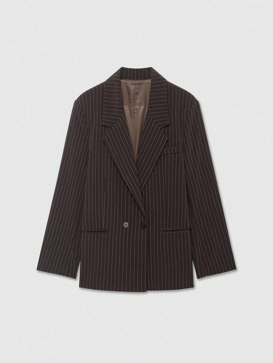 بليزر كاجوال فضفاض مخطط بني مزدوج الصدر بياقة صدر طويلة الأكمام للنساء - بني - مشاهدة 1