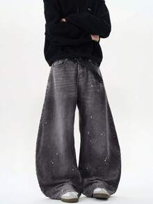 1条男士复古做旧猫须泼墨水洗牛仔裤，休闲宽松阔腿高街裤 - 黑色 - 查看 1