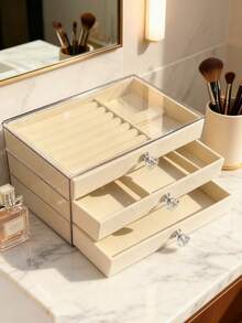 1pc Acrylic Jewelry Box, Large Capacity Jewelry Storage Box, Drawer Style Jewelry Display Case With Adjustable Velvet Tray, Suitable For Earrings, Rings, Bracelets, Necklaces, Ideal For Birthday, Anniversary, Valentine's Day Gift - Beige - View 7