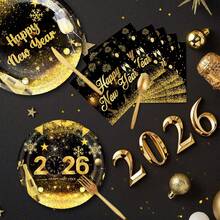 10/20/80pcs Happy New Year Paper Plates, Cups And Napkins - Disposable Paper Party Supplies Set For 20 Guests, Gold Color For 2026 New Year Eve Party - Multicolor - View 4