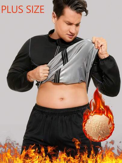 Plus Size Men's Sauna Suit Workout Jacket, Long Sleeve Fitness Activewear With Zipper