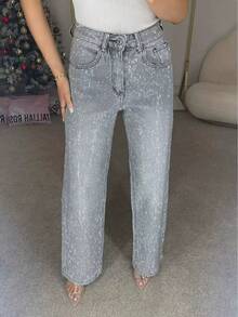 [Fashionable Beaded Jeans] Women's Fashionable Street Style Beaded Jeans| Unique Beaded Design, Classic Diagonal Pocket, Zipper Closure, Straight Pants - A Pair Of Jeans With Bright Charm - 黑色 - 查看 9