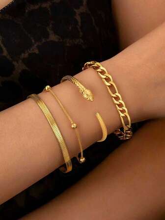 Stainless Steel Women's Bracelet Set, Multi-Piece Combination, Diverse Sizes, Personalized Design, Vintage Luxury Style, Gold-Tone, Snake Chain + Link Chain + Snake Bone Chain Details, Layered Wear Catching Eyes, Unisex Bracelet Combination, Suitable For Daily Outfit, Going Out, Gathering, Party, All-Season Accessory