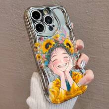 電気めっき防摔スマホケース 笑顔の向日葵少女イラストデザイン for  17promax,16pro,15plus/14/13/12/11 クッション構造で落下衝撃緩和 高級感ある外観 スクラッチ防止 携帯電話をおしゃれに保護 使い心地快適 ユニークなデ - シルバー - チェックする 5