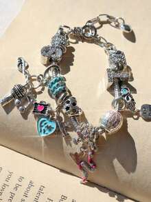 1pc Friendship Charm Bracelet, Music Piano Charm Bracelet, Animal Snake Charm Bracelet, Retro Disco Ball Charm Bracelet - 銀色 - 查看 5