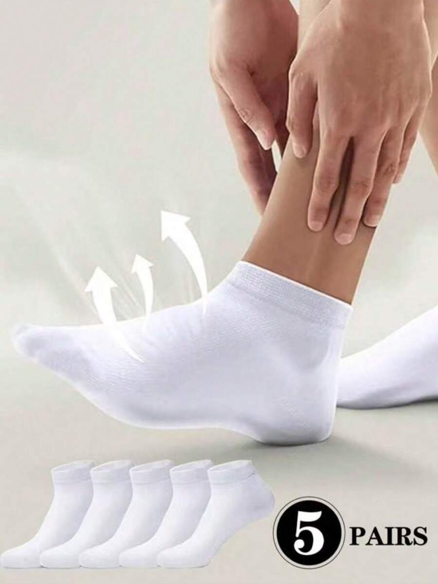5 Pairs Women's White Low-Cut Breathable Casual Boat Socks, Thin Cotton Liner Socks For Summer Travel And Vacation - White - View 1