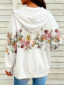 Plus Size Printed Knit Hooded Cardigan, With Pockets, Long Dolman Sleeves And Open Front, Casual Loose Fit