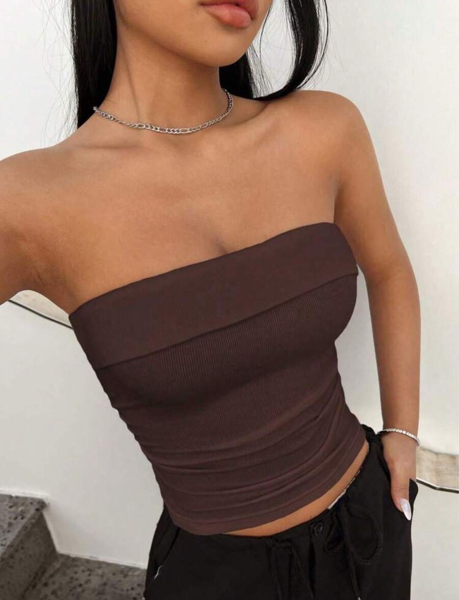 Cropped Strapless Top With Adjustable Double Hem, Fitted Ribbed Waist, Summer - Rỉ Nâu - Xem 1