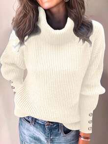 Women's Loose High Neck Sweater, Casual & Formal Ribbed Knit Button Up Long Sleeve Pullover - Apricot - View 3