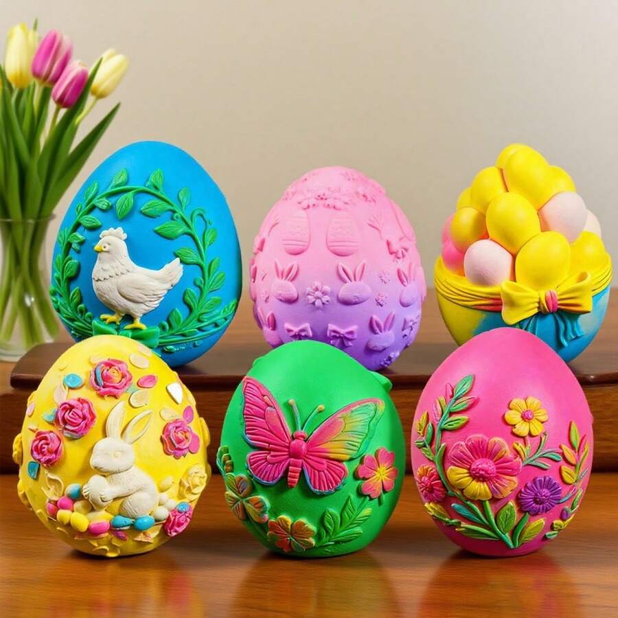 1 Stück Ostereikerze Form mit Relief Schmetterling, Klee, Henne Muster, Ei Gips Harz Kunsthandwerk Ornamente für Ostern Dekorationen und kreative handgemachte Geschenke