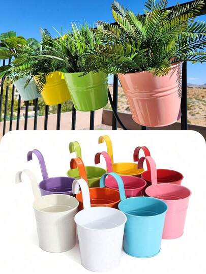 14 colores Macetas de flores con ganchos de hierro forjado, equipadas con ganchos en forma de arco para colgar, soportes para flores con ganchos desmontables que se pueden colgar fácilmente en barandillas de balcón, alféizares de ventanas y otras escenas, el cubo tiene una capacidad moderada, lo que lo hace adecuado para cultivar suculentas, para decoración del hogar y jardín en balcón