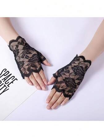 1 Pair, Lace Fingerless Gloves, Rose-Patterned Ladies' Evening Gloves, Elegant Wrist Adornments To Complement Formal Attire, Romantic Gloves For Evening Gowns, A Stylish Accent For All Seasons.