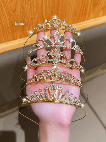 5 piezas Diademas con corona dorada, accesorios de cabello dulces y de moda, adecuados para uso diario y actuaciones de cumpleaños