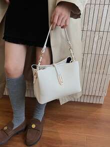 Túi xách đeo vai nhiều lớp bằng da PU màu trơn thời trang & thanh lịch dành cho nữ - Màu be - Xem 4