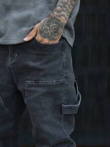 Devon Thys Men's Washed Solid Black & Grey Elastic Patchwork Straight Loose High Street Korean Style Y2K Denim Jeans - Grey - View 3