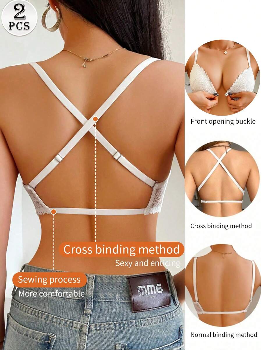 2 piezas Sujetador sin espalda con encaje, parche, aros, cierre delantero, tirantes cruzados y espalda con estampado floral