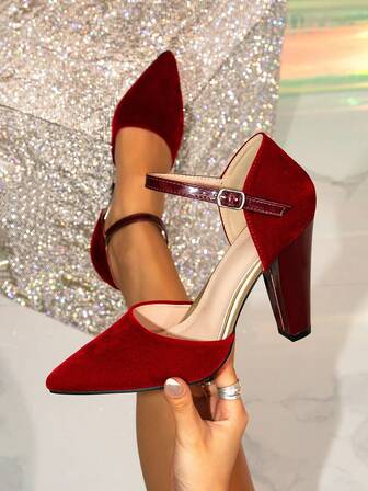 Women's Pointed Toe Hollow Strap Chunky Heel Fashion Pumps