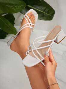 Women's Square Toe High Heel Sandals, Open Toe Criss-Cross Strap Chunky Heel Slip-On Dress Sandals - White - View 2