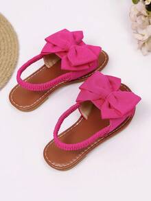 1双幼儿/小女孩玫红色蝴蝶结装饰露趾沙滩凉鞋，防滑橡胶软底，弹性绑带圆头可爱优雅平底凉鞋，适合3-15岁女孩，日常休闲、散步、旅行、派对等场合穿着，2026春夏新款 - 玫紅色 - 查看 5