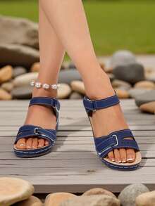 女士厚底防滑凉鞋，坡跟平底沙滩鞋，双钩环可调节，适合夏季、海滩、办公室、休闲场合 - 藍色 - 查看 4