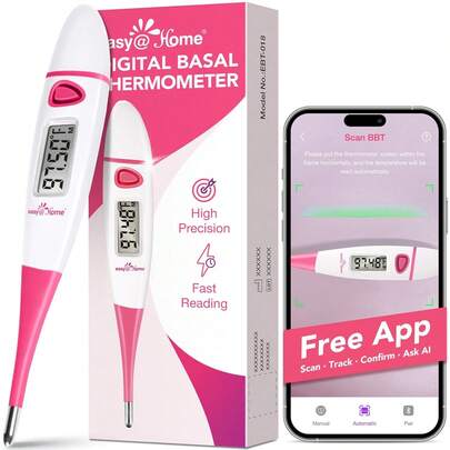  Easy@Home Basal Body Thermometer: BBT For Fertility Prediction With Memory Recall- Precise Digital Basal Thermometer For Temperature Monitoring With Premom App (Pink)