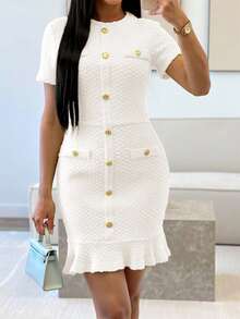 Unadoll Women's Spring Round Neck Short Sleeve Dress With Fake Pockets And Decorative Buttons, Elegant And Fashionable, Suitable For Party, Date, Commute, Birthday, Valentine's Day And Other Occasions - White - View 5