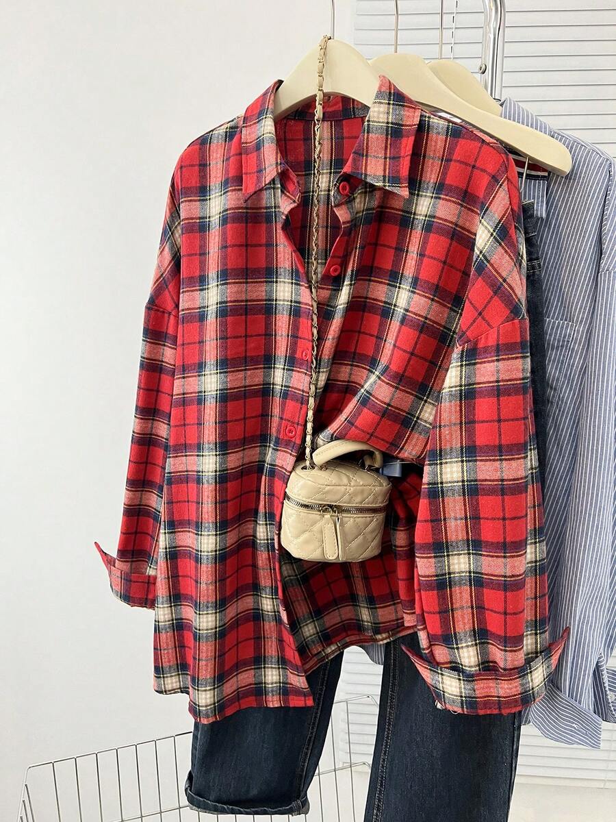 Casual Plaid Button-Front Shirt, Suitable For Everyday Wear In Autumn - Red - View 1