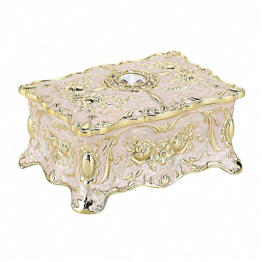 Hipiwe Vintage Jewelry Box, Small Enameled Trinket Box Organizer Rectangular Treasure Chest Box Jewelry Decorative Box Keepsake Gift Box Case For Women,3.7x 2.7x 2 Inch,Small,Beige - Beige - View 1