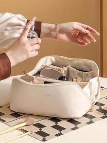 1pc Leather Cosmetic Bag, Minimalist Portable Handheld Makeup Bag, Elegant Travel Makeup Organizer, Dirt-Resistant - Milky White - View 4