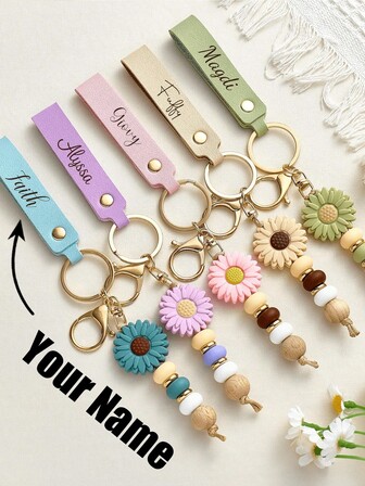 1 pieza Llavero personalizado para mujer, llavero con cuentas de margarita personalizado, llavero de piel sintética, regalo para dama de honor, regalo para niña de las flores, regalo de Navidad, regalo de cumpleaños, llavero con cuentas para niñas.