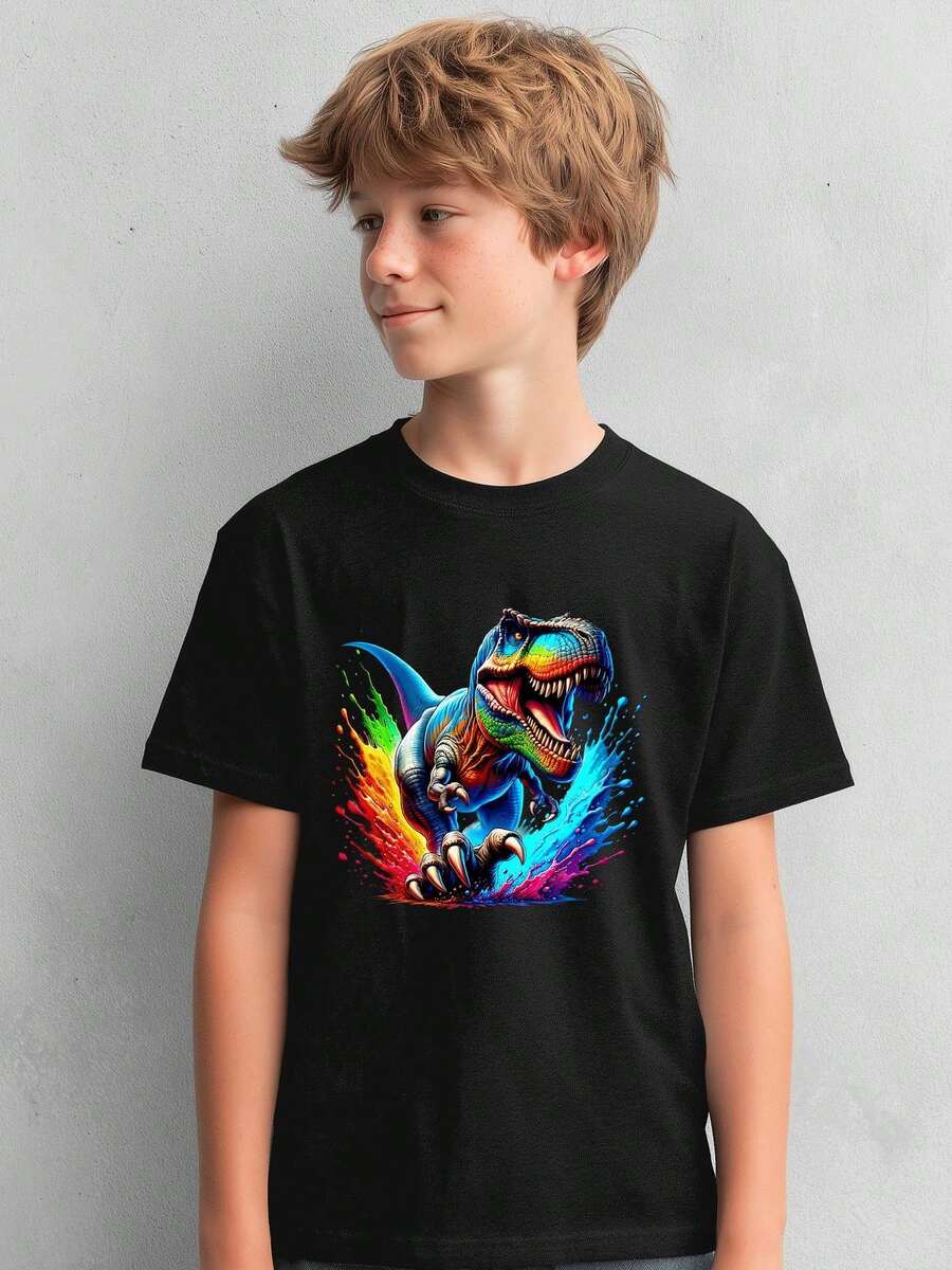 1pc Kids' Colorful T-Rex Dinosaur Print Black T-Shirt, Crew Neck, Casual Cotton Tee, Medium Stretch Knit Fabric, Regular Fit For Boys & Girls Children, Alphabet Pattern, For Spring/Summer/Fall Birthday Christmas Children's Day - 黑色 - 查看 1