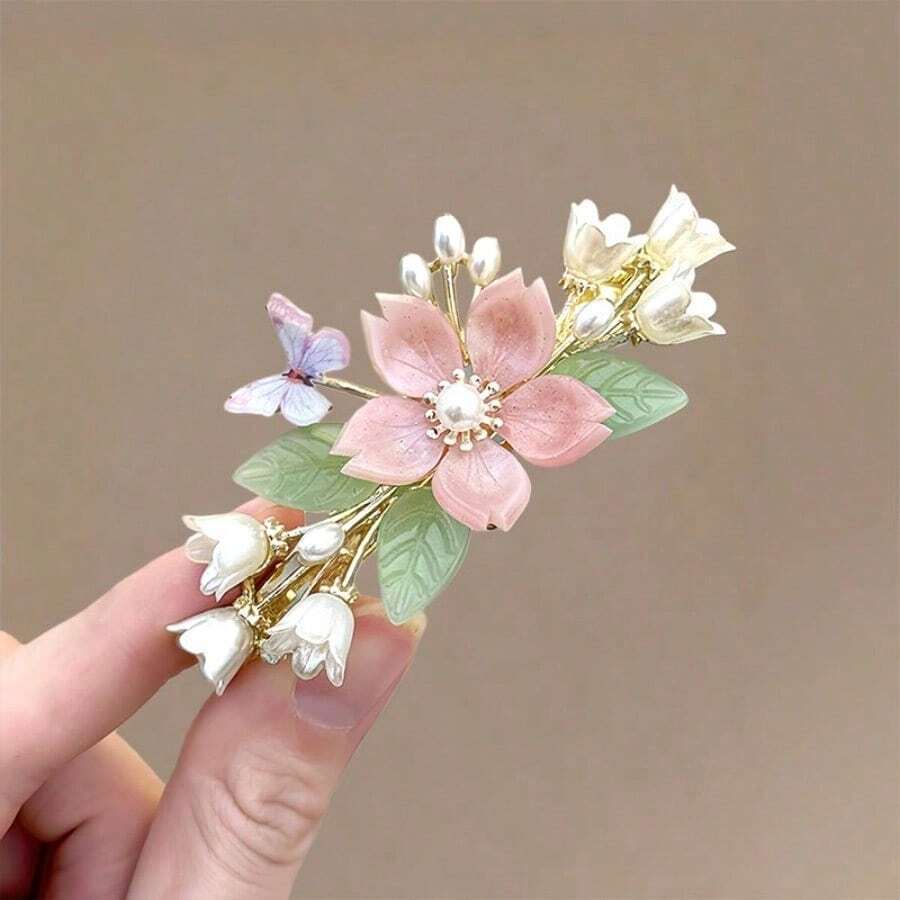 Super Fairy New Chinese-Style Flower Hairpin, Ancient-Style Butterfly Pearl Half-Up Back-Pressing Spring Clip, Hanfu Hair Accessory, Hairpin Accessory - 蝴蝶花朵彈簧夾 - 查看 1