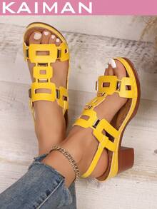 1 Pair Women's PU Leather Hollow Geometric Pattern Fashion High Heel Sandals, Suitable For Party, Beach, Holiday, Spring/Summer - Yellow - View 6